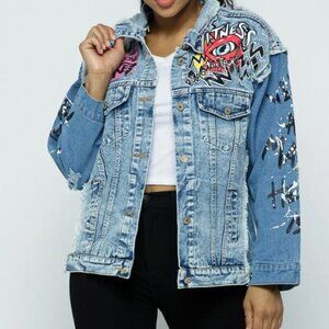 Distressed graffitti Patchwork Denim Jacket